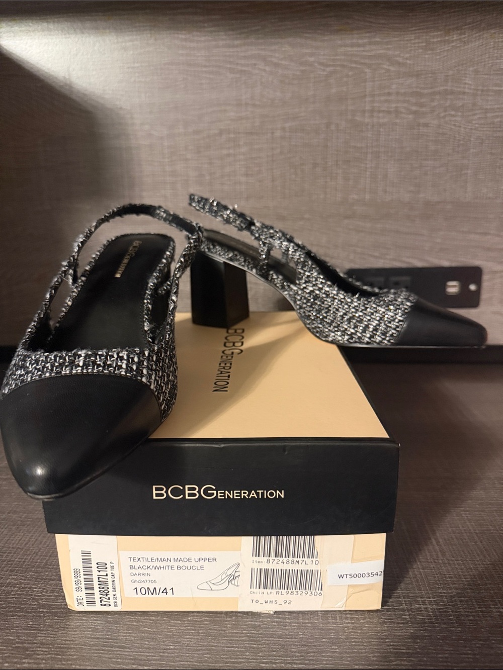 BCBGeneration Black/White Tweed Slingback Heels NIB Sz10